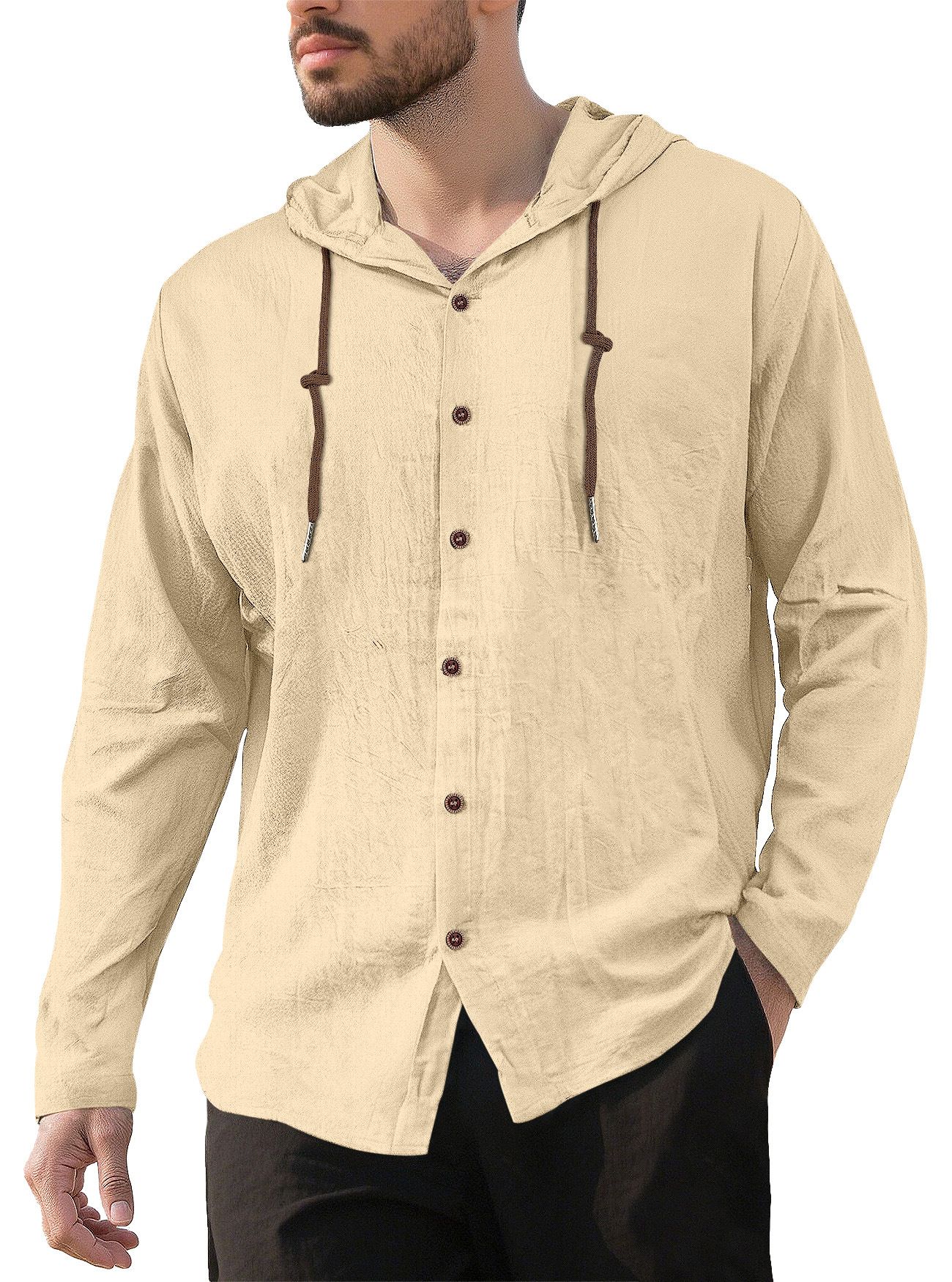 Camicia casual da uomo a maniche lunghe in lino e cotone - Traspirante con cappuccio NDF-00007