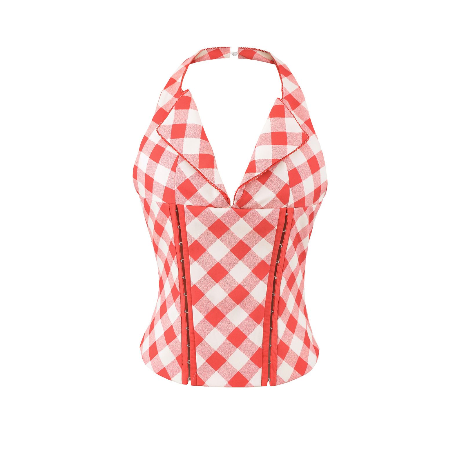 Red Plaid Halter Backless Crop Top KUN-00089