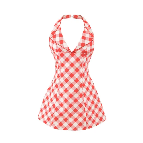 Red Plaid Halter A-Line Mini Dress Backless KUN-00116