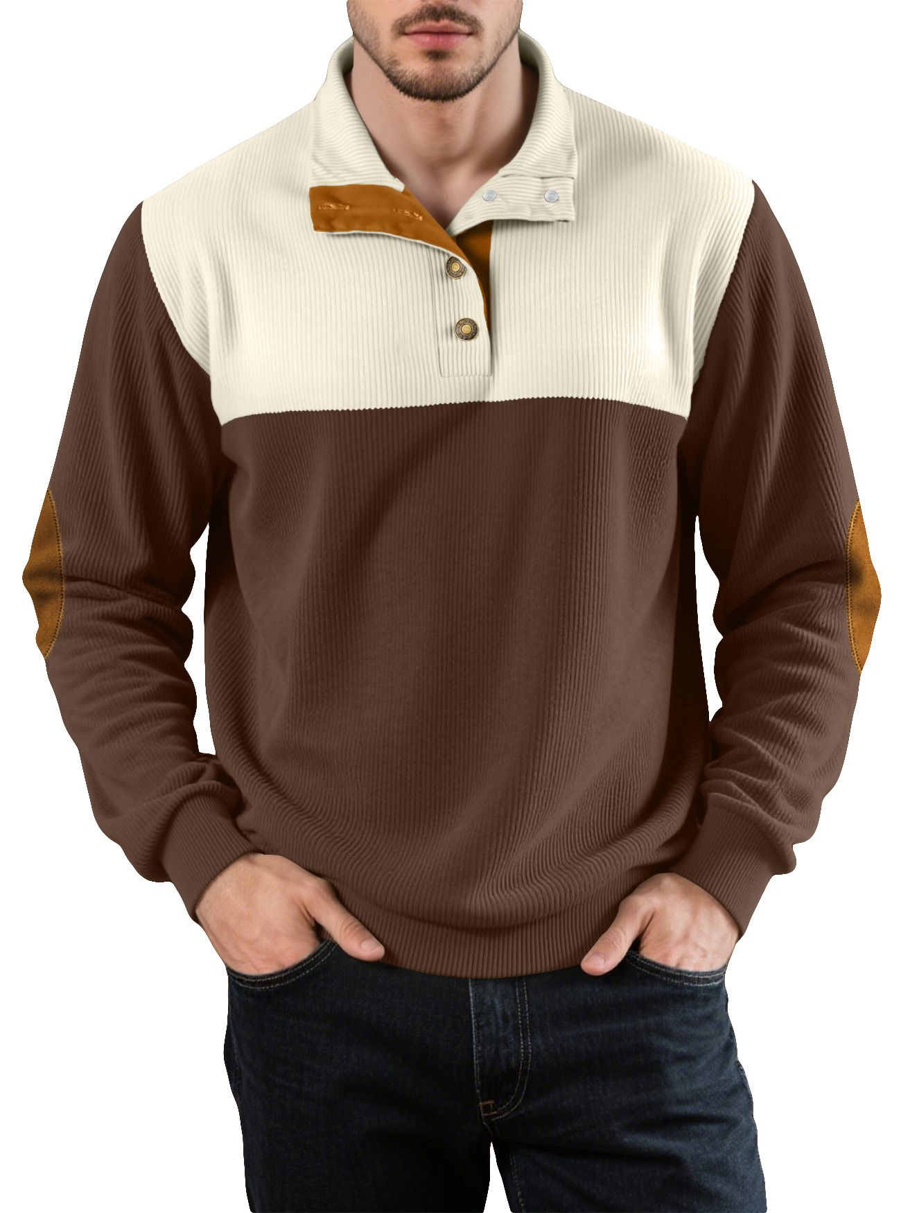 New Men's American Casual Pullover Sweatshirt Color Block Half Button NDF-00002