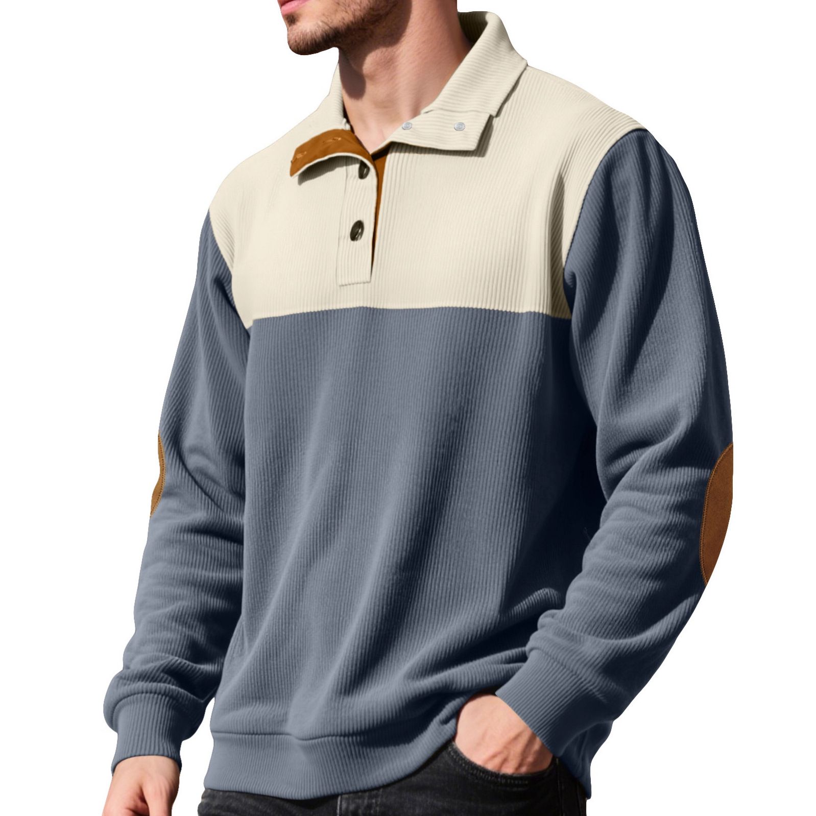 New Men's American Casual Pullover Sweatshirt Color Block Half Button NDF-00002