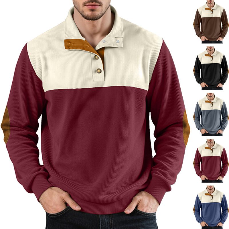 New Men's American Casual Pullover Sweatshirt Color Block Half Button NDF-00002