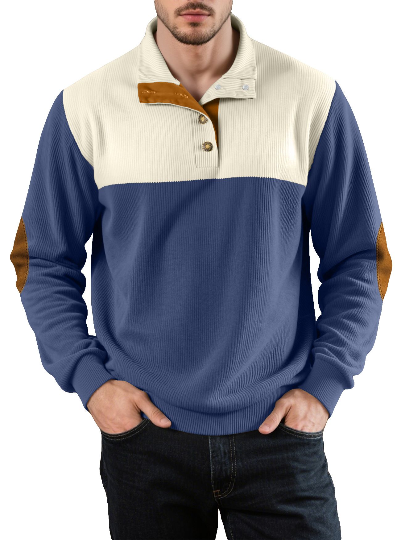 New Men's American Casual Pullover Sweatshirt Color Block Half Button NDF-00002