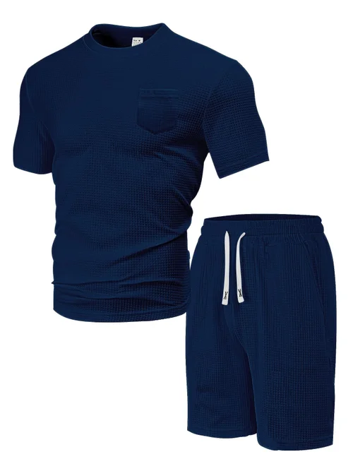 Completo da uomo con pantaloncini in maglia waffle, abbigliamento casual estivo per il tempo libero NDF-00014