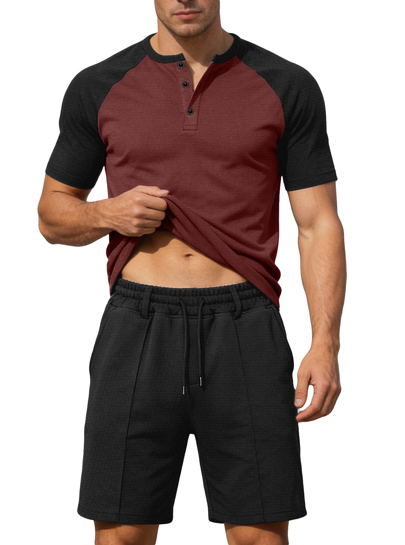 Men's Color Block Henley Short Sleeve & Shorts Set Casual Gym Outfit NDF-00018
