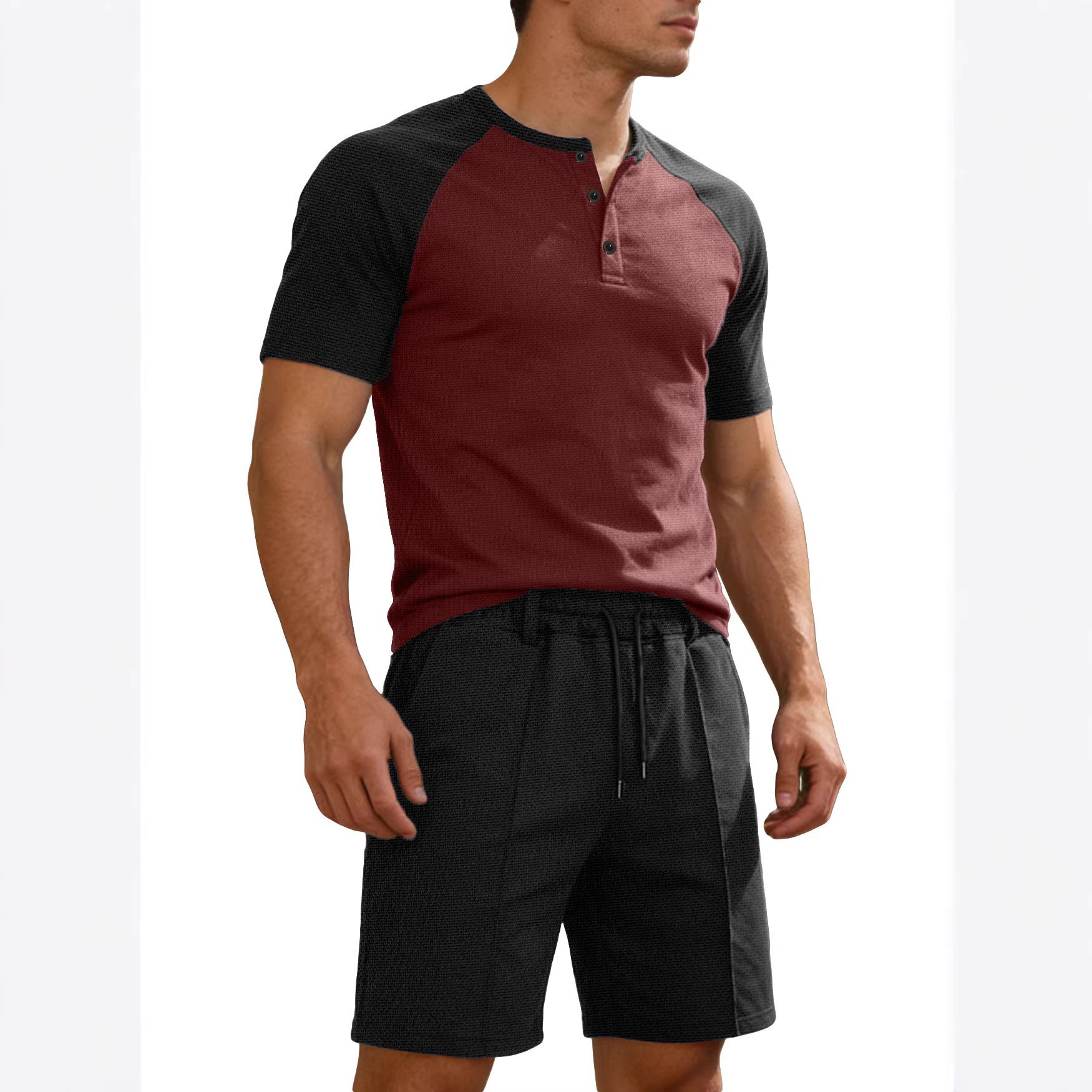 Men's Color Block Henley Short Sleeve & Shorts Set Casual Gym Outfit NDF-00018