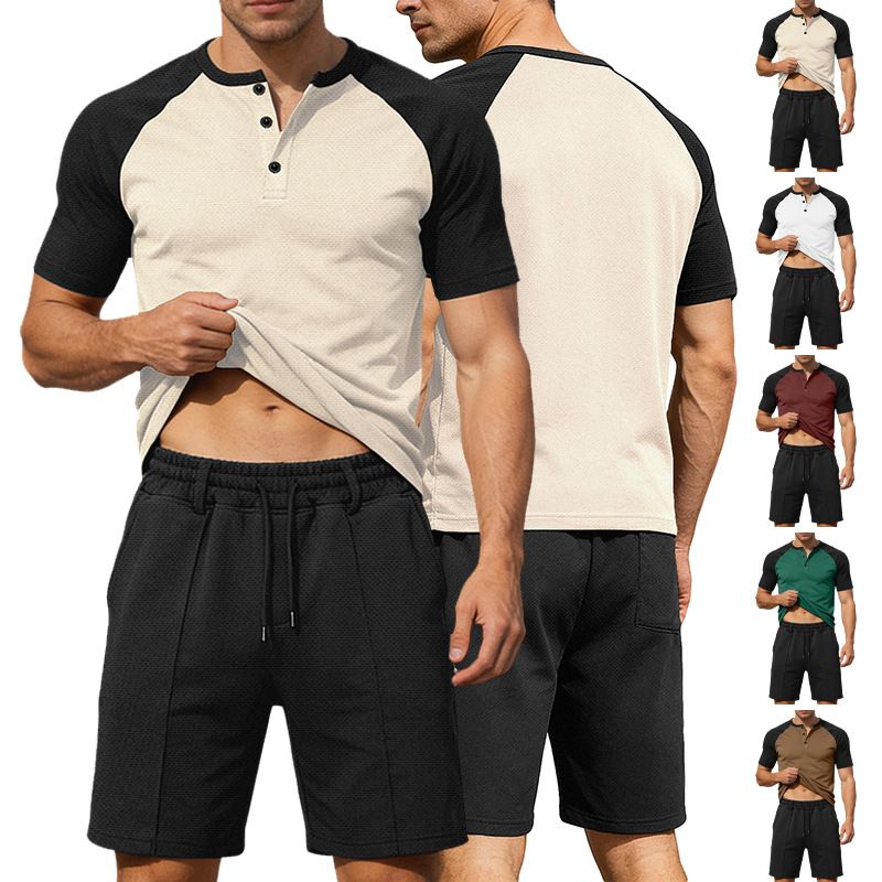 Men's Color Block Henley Short Sleeve & Shorts Set Casual Gym Outfit NDF-00018