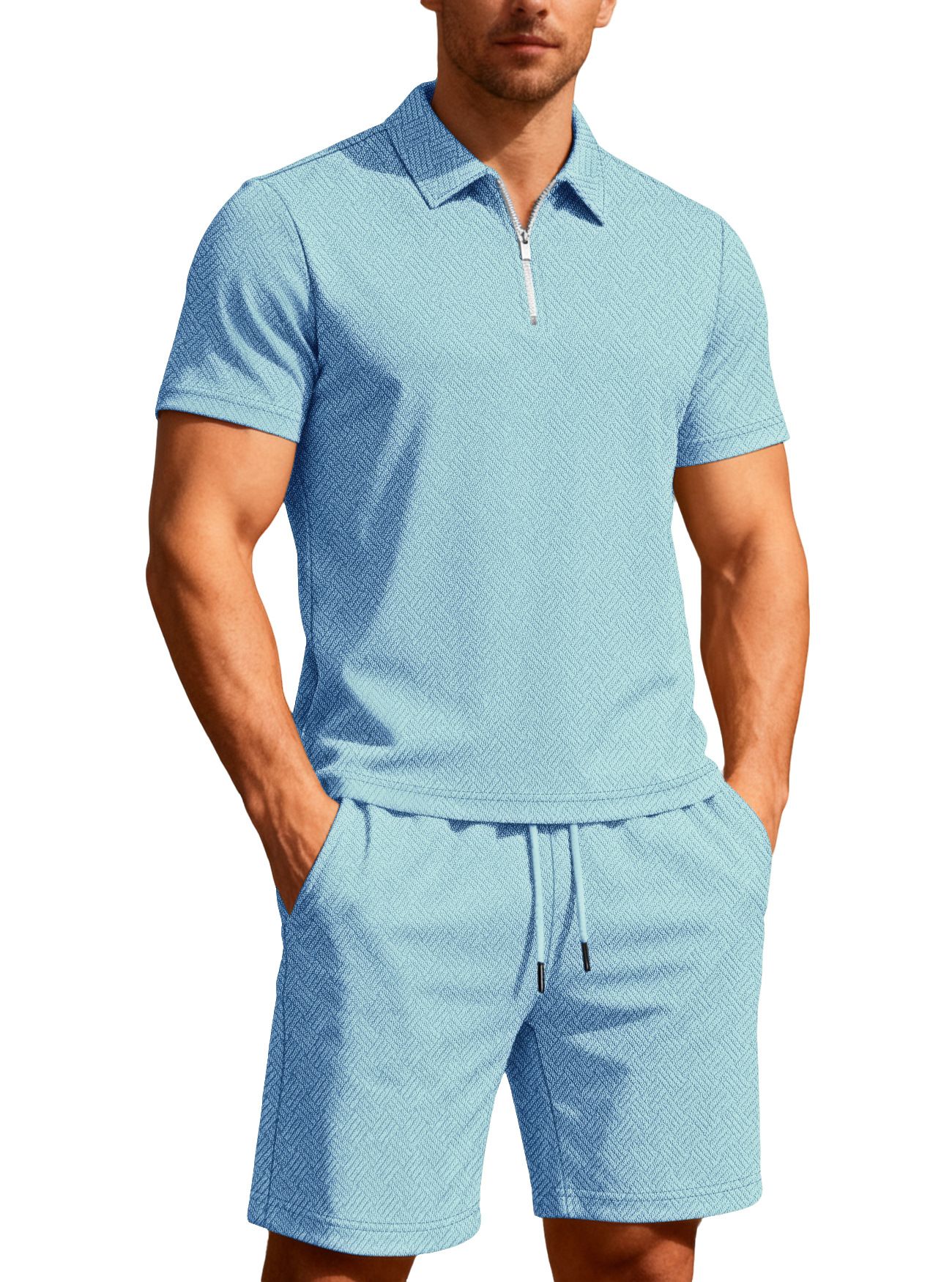 Men's Terry Jacquard Short Sleeve & Shorts Set - Summer Casual Tracksuit NDF-00024