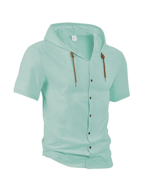 Linen Men's Shirt Summer Casual Lightweight Hooded Short Sleeve NDF-00003
