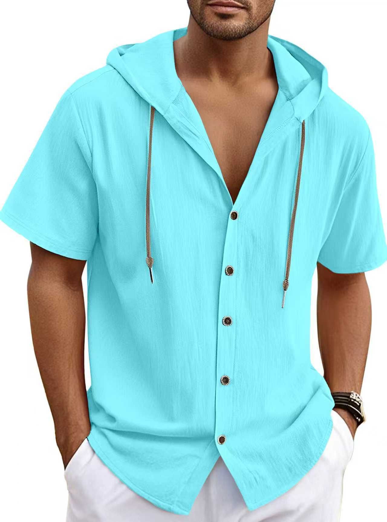 Camicia da uomo in lino, estiva, casual, leggera, con cappuccio e maniche corte NDF-00003