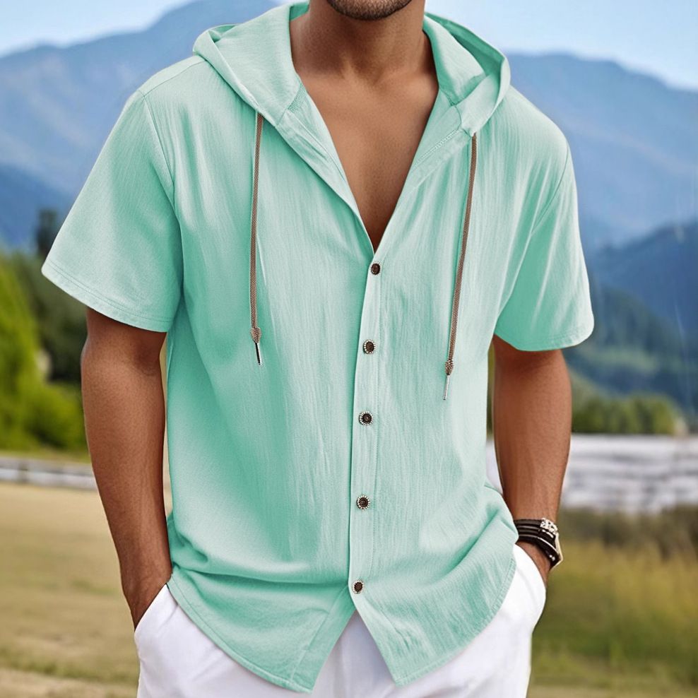 Camicia da uomo in lino, estiva, casual, leggera, con cappuccio e maniche corte NDF-00003