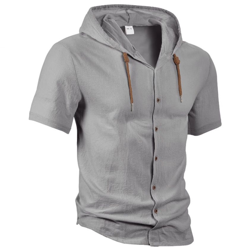 Camicia da uomo in lino, estiva, casual, leggera, con cappuccio e maniche corte NDF-00003