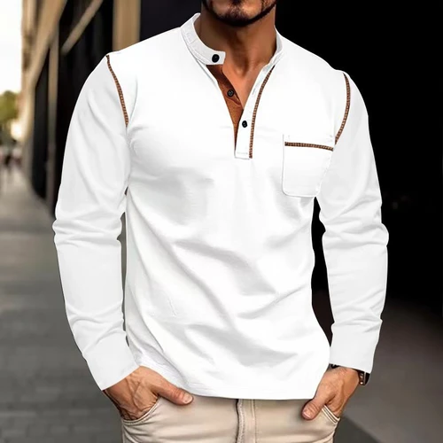 Men's Long Sleeve Henley Shirt Solid Color Casual Business Athletic Top NDF-00005