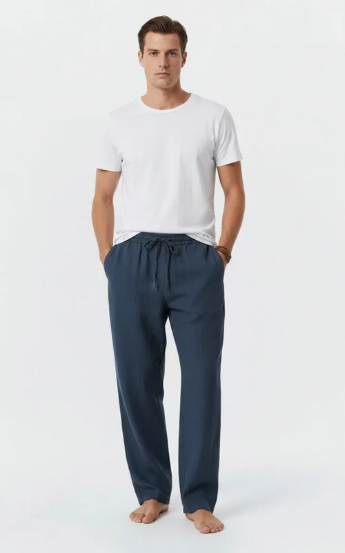 Pantaloni da uomo in misto lino, gamba dritta, vita alta, vestibilità slim, casual NDF-00011