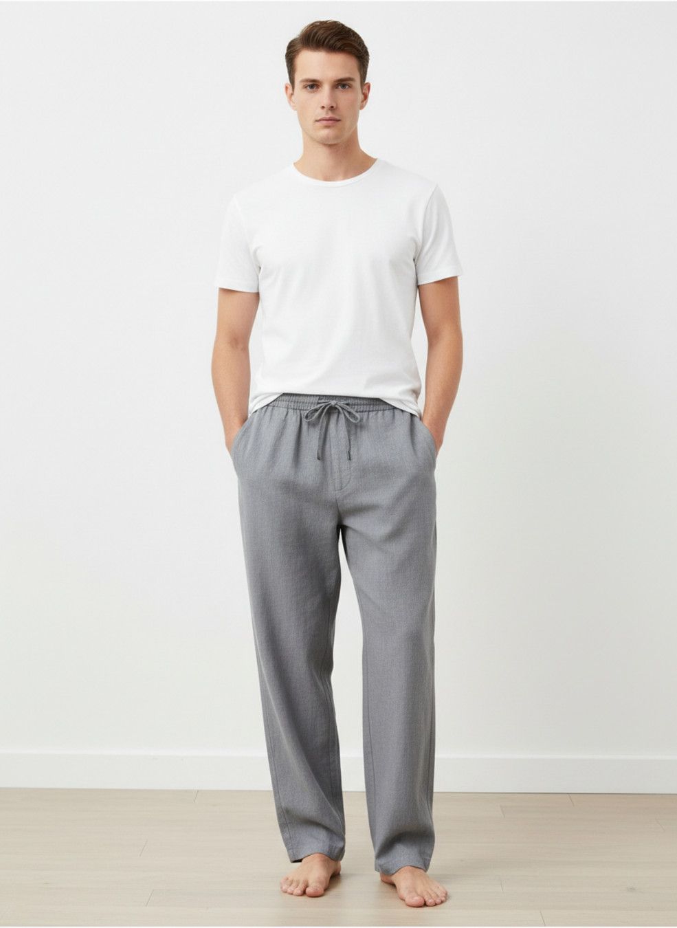 Men's Linen Blend Straight Leg Pants High Waist Slim Fit Casual Trousers NDF-00011