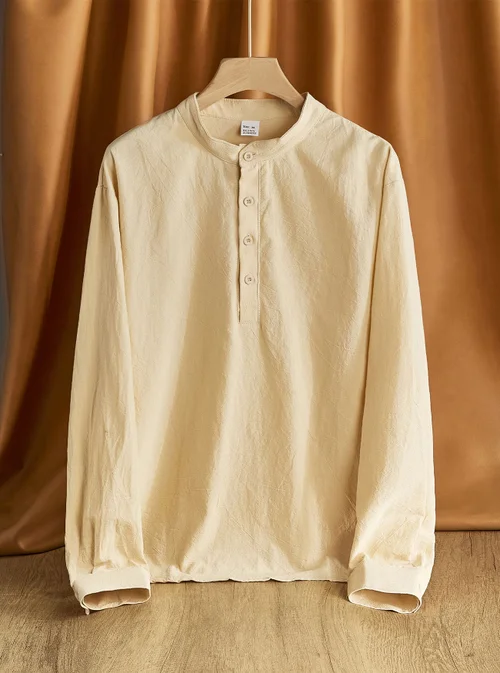 Camicia Henley da uomo a maniche lunghe in lino, tinta unita, casual, modello NDF-00029