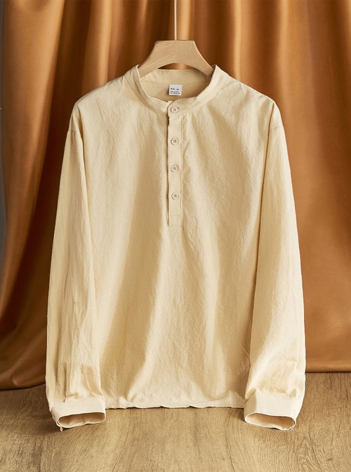 Linen Men's Long Sleeve Henley Shirt Solid Color Casual Top NDF-00029