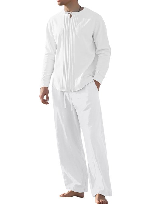 Completo camicia a maniche lunghe in cotone e lino, casual, con colletto alla coreana NDF-00031