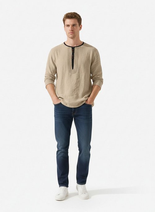 Camicia Henley da uomo in lino, maniche lunghe, vestibilità ampia e casual NDF-00006