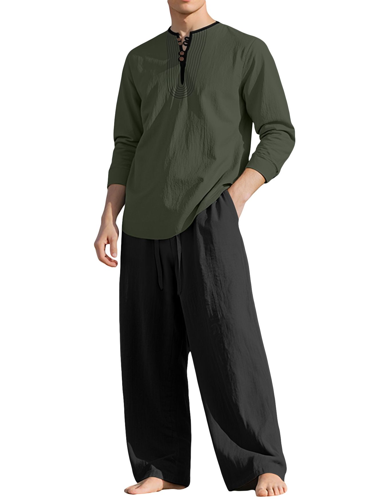 Linen Men's Casual Long Sleeve Shirt & Pants Set - Breathable Relaxed Fit NDF-00032