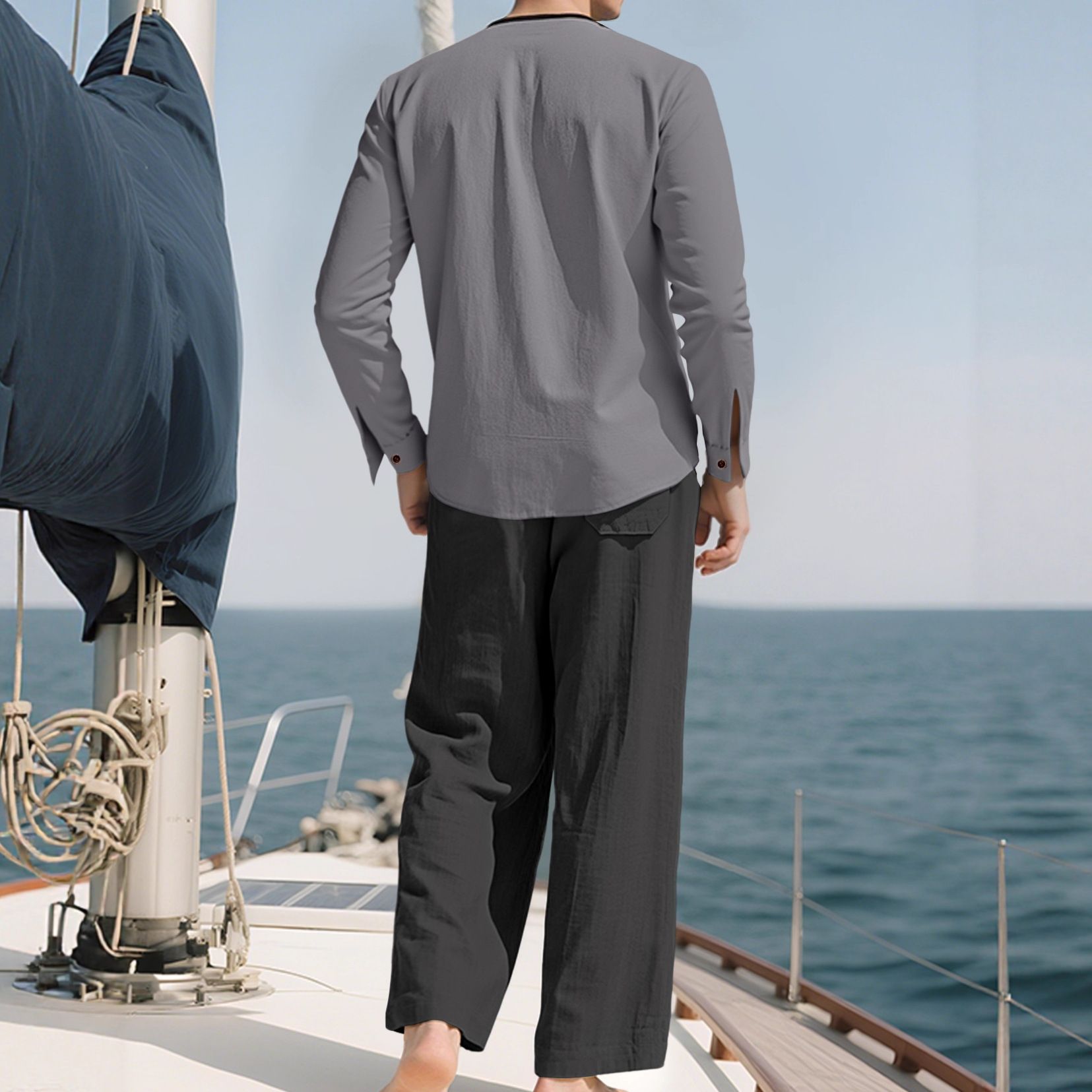 Linen Men's Casual Long Sleeve Shirt & Pants Set - Breathable Relaxed Fit NDF-00032