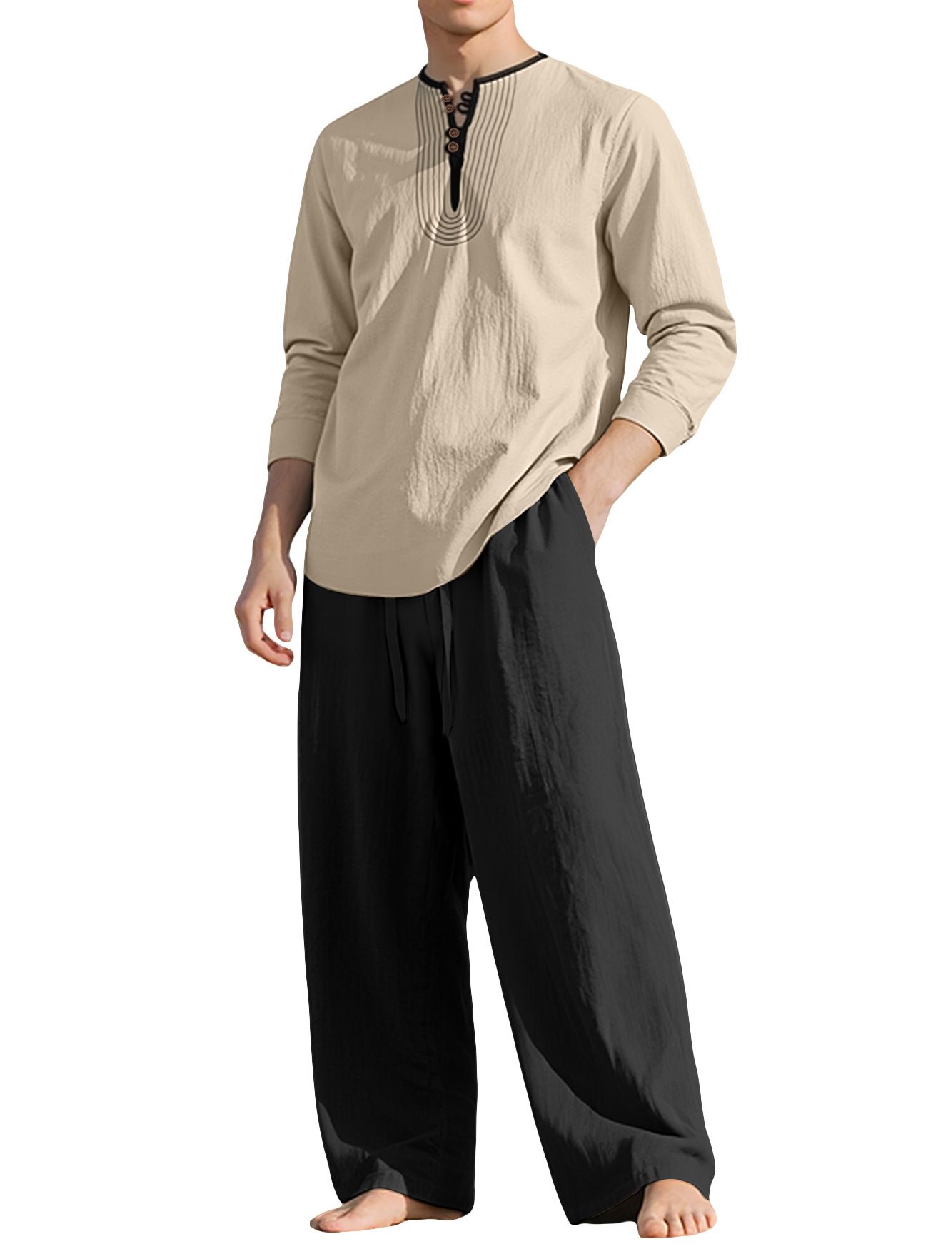 Linen Men's Casual Long Sleeve Shirt & Pants Set - Breathable Relaxed Fit NDF-00032