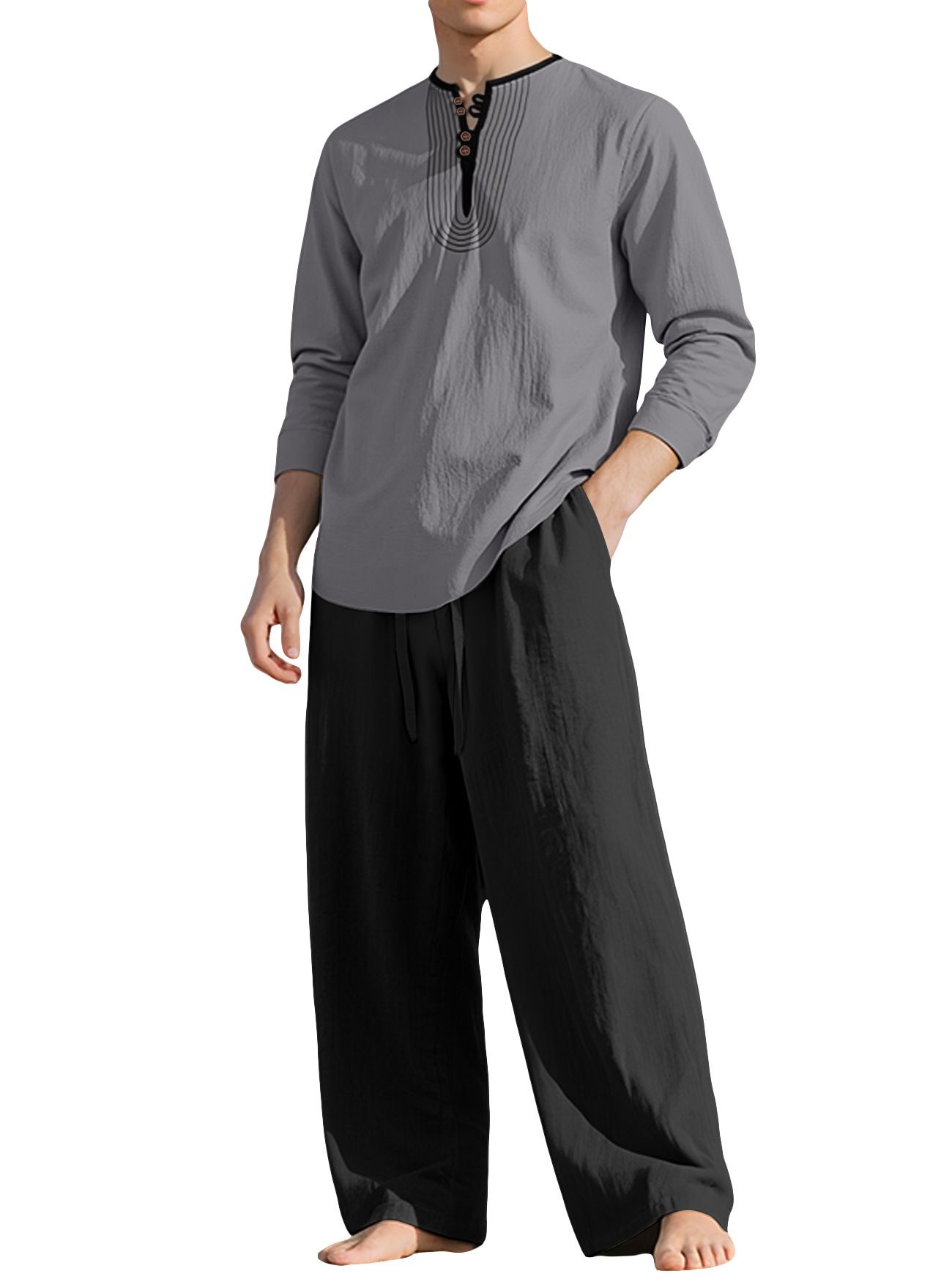 Linen Men's Casual Long Sleeve Shirt & Pants Set - Breathable Relaxed Fit NDF-00032