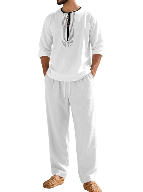 Conjunto de camisa Henley de algodón y lino - Traje playero holgado para hombre NDF-00033