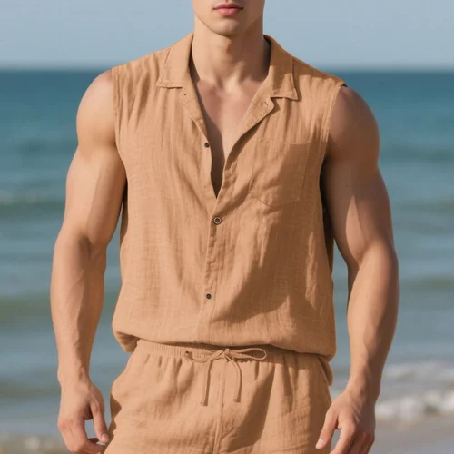 Chemise sans manches en lin pour homme, cardigan décontracté d'été pour la plage NDF-00034