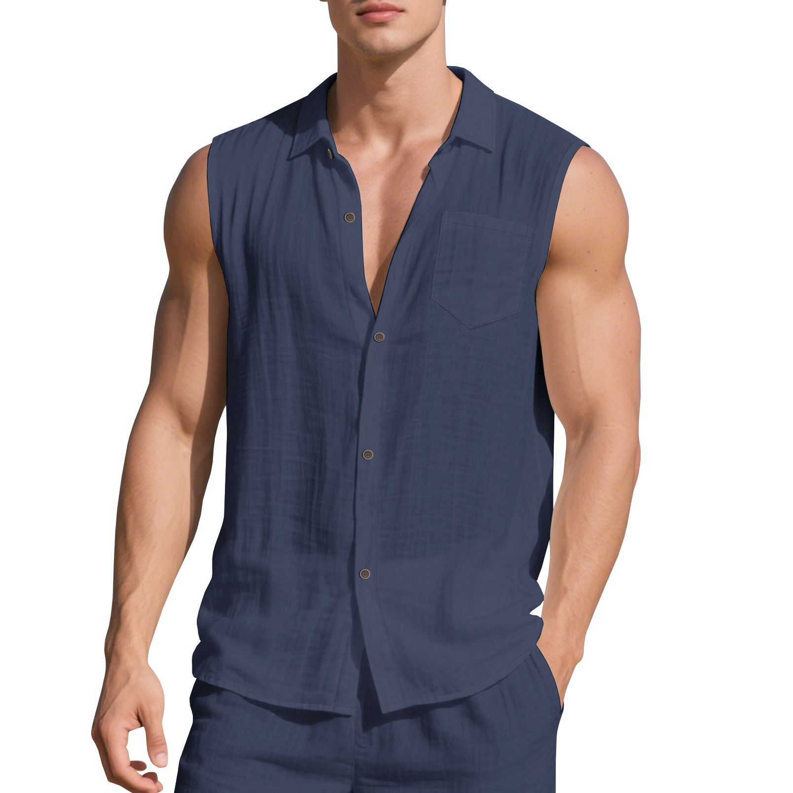Linen Sleeveless Shirt Men's Summer Casual Beach Cardigan NDF-00034