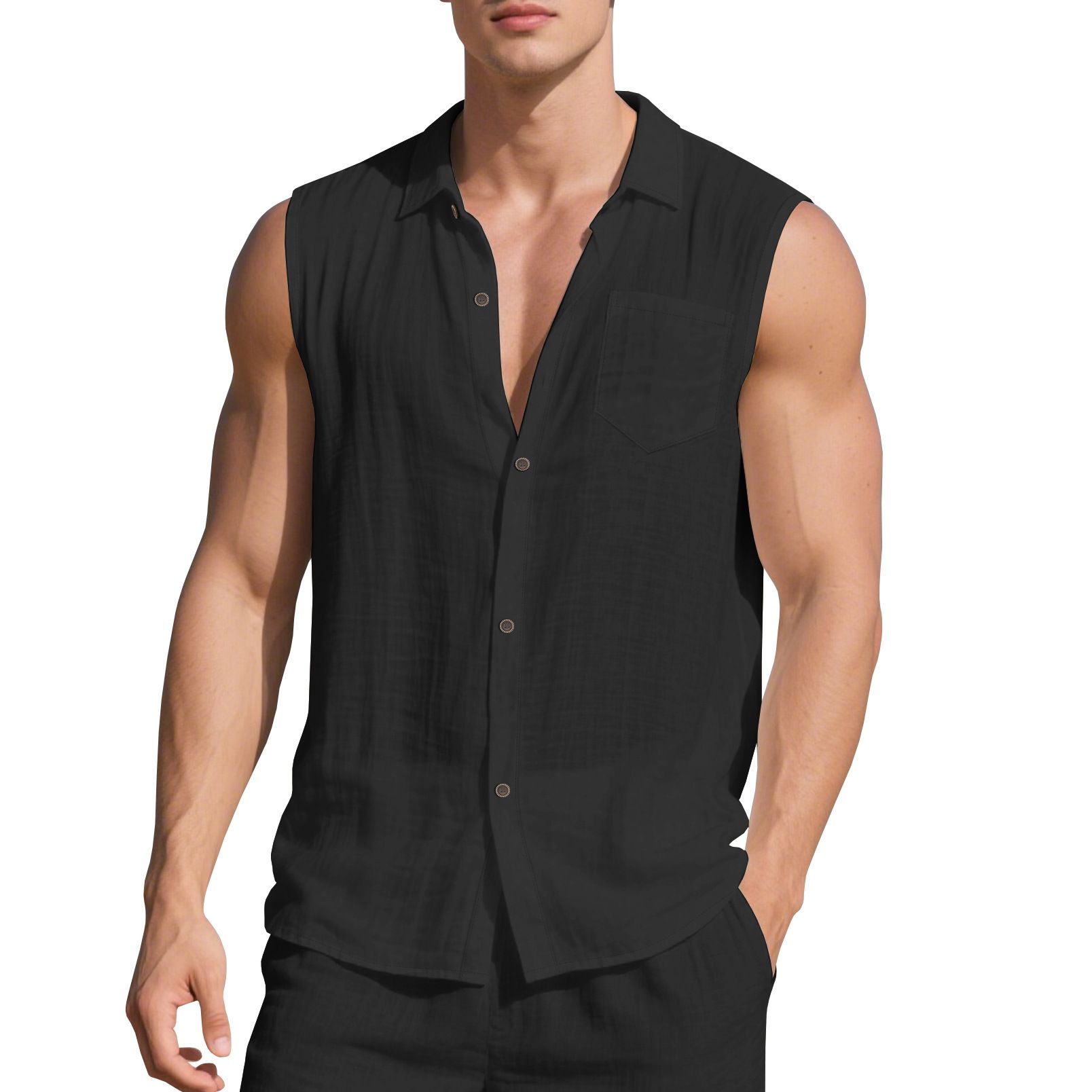 Linen Sleeveless Shirt Men's Summer Casual Beach Cardigan NDF-00034
