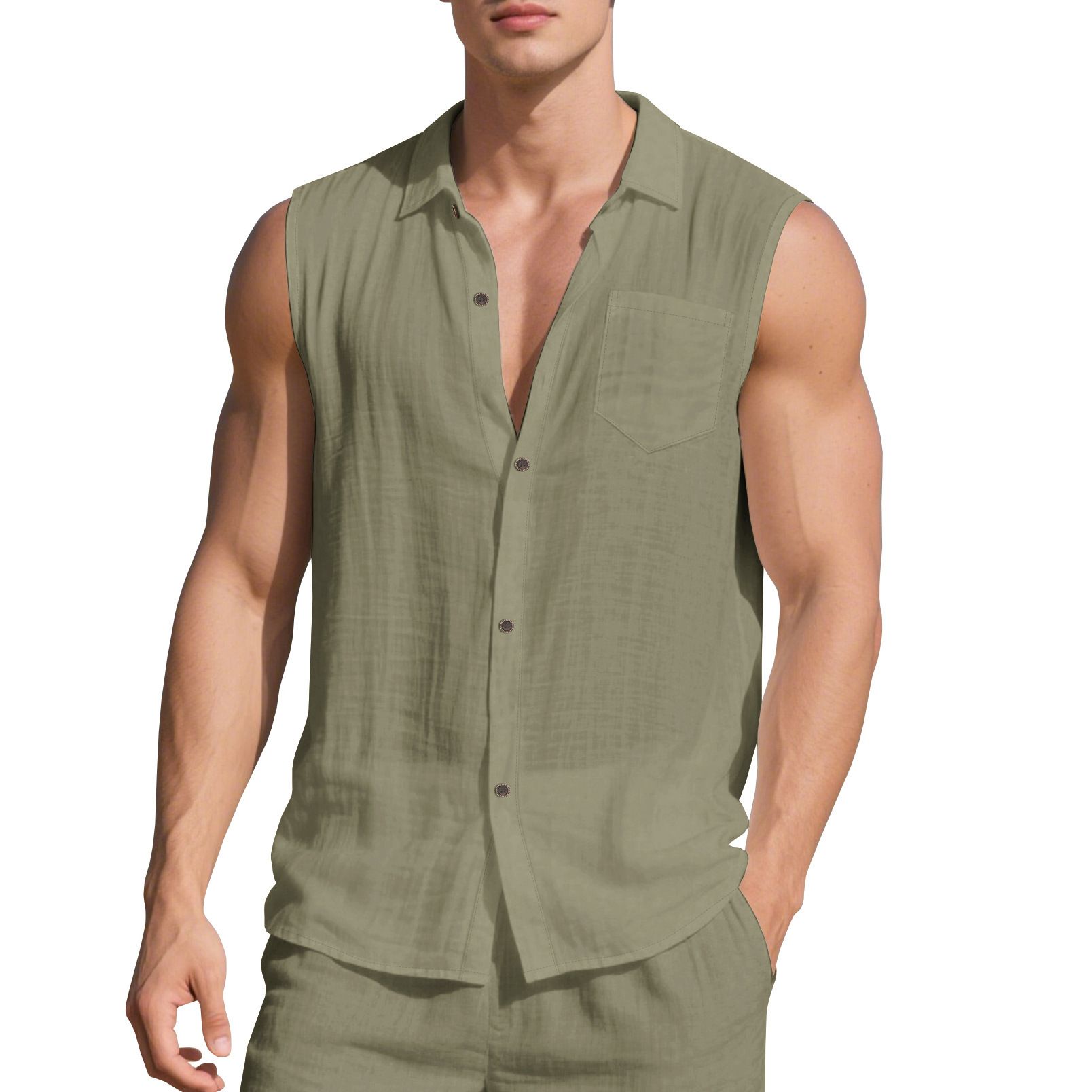 Linen Sleeveless Shirt Men's Summer Casual Beach Cardigan NDF-00034