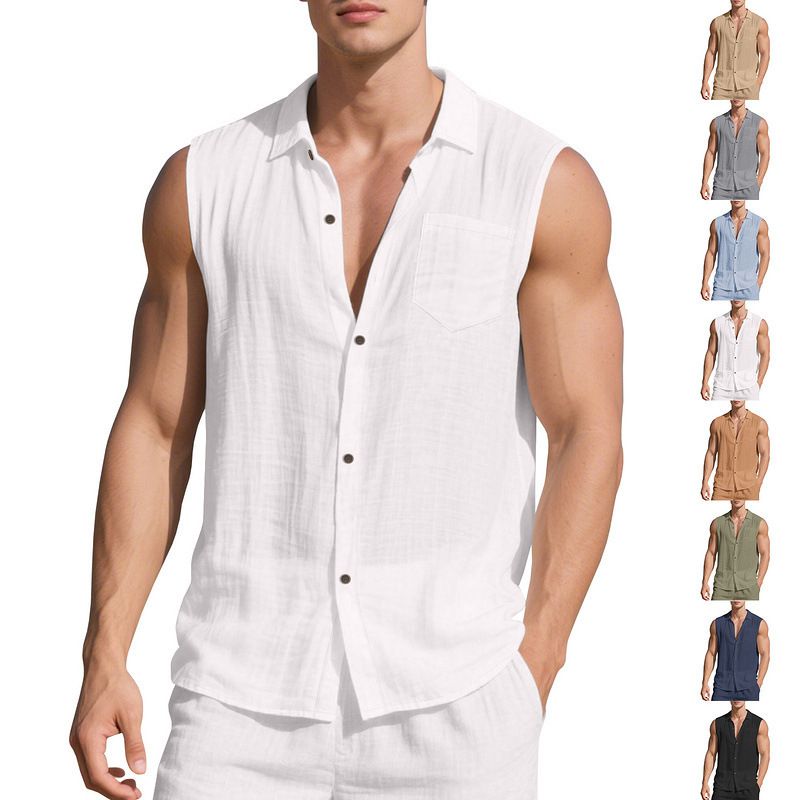 Linen Sleeveless Shirt Men's Summer Casual Beach Cardigan NDF-00034