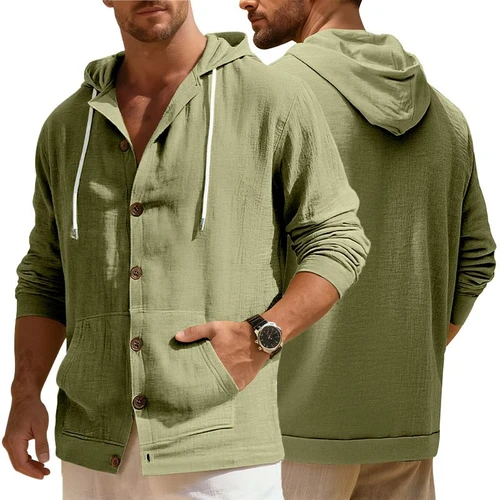Linen Cotton Button-Down Shirt Casual Long Sleeve Hooded Jacket NDF-00004