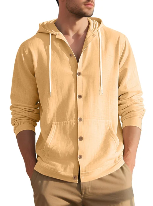 Camicia-giacca con cappuccio a maniche lunghe in cotone e lino, abbottonata, modello NDF-00005