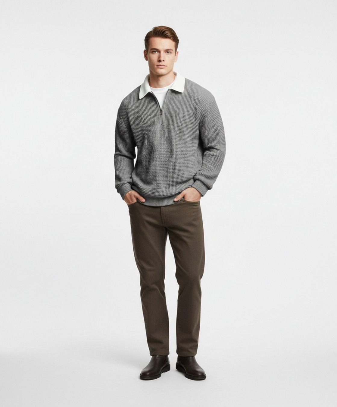 Men's Waffle Knit Long Sleeve Polo Shirt - Casual Autumn Zipper Pullover NDF-00012