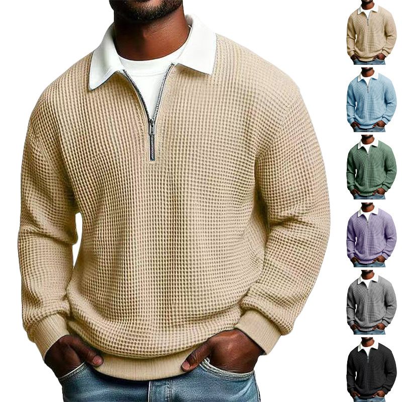 Polo da uomo a maniche lunghe in maglia waffle - Pullover casual autunnale con cerniera NDF-00012