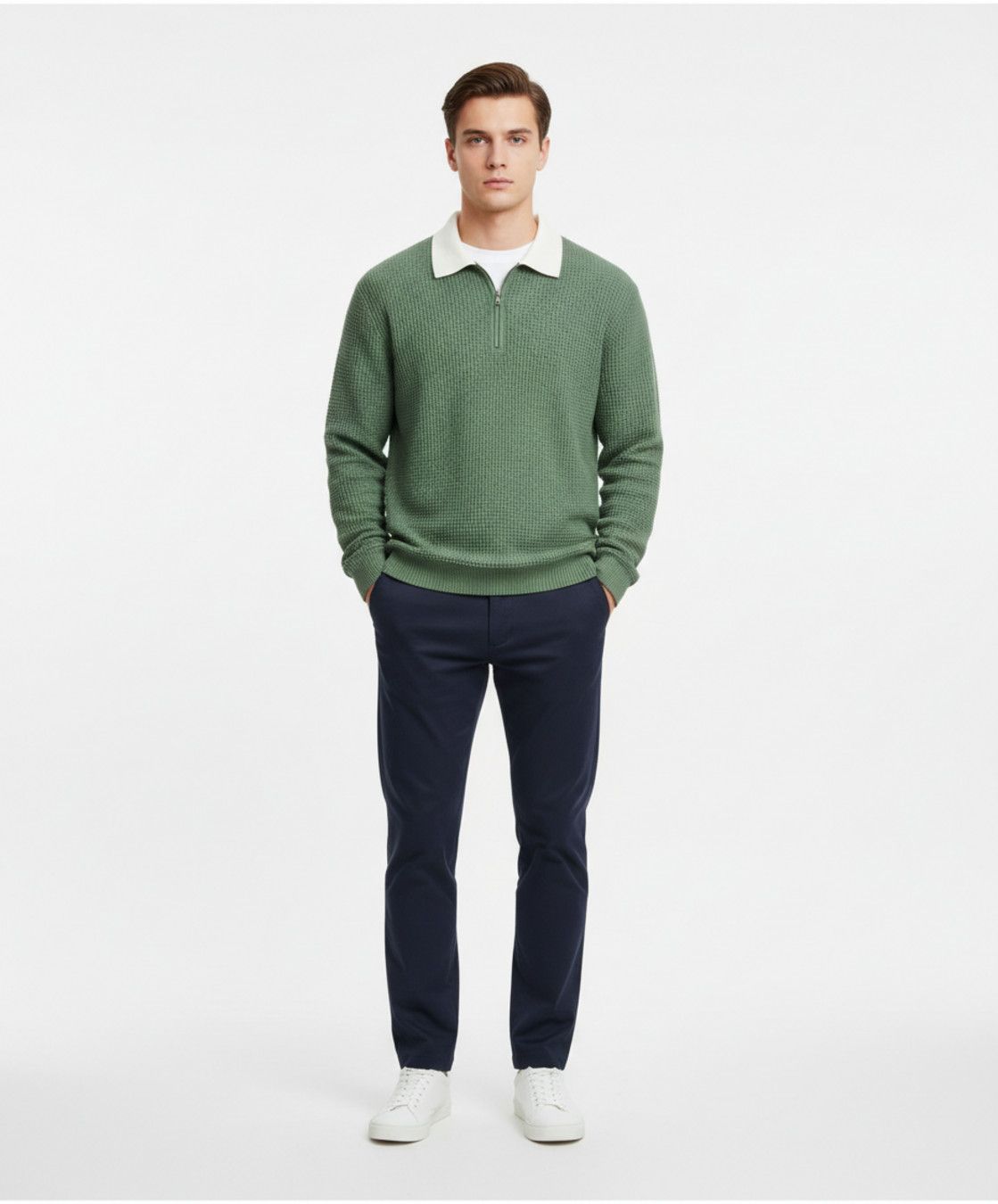 Polo da uomo a maniche lunghe in maglia waffle - Pullover casual autunnale con cerniera NDF-00012