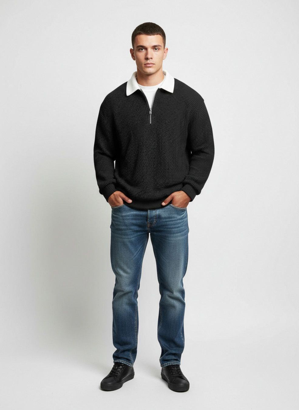 Polo da uomo a maniche lunghe in maglia waffle - Pullover casual autunnale con cerniera NDF-00012