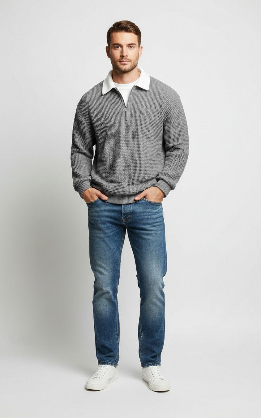 Polo da uomo a maniche lunghe in maglia waffle - Pullover casual autunnale con cerniera NDF-00012