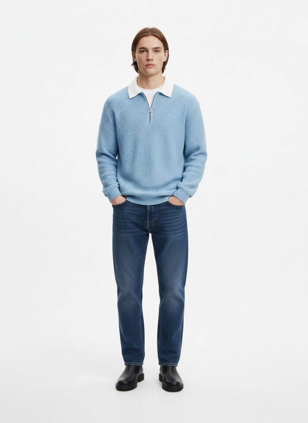 Men's Waffle Knit Long Sleeve Polo Shirt - Casual Autumn Zipper Pullover NDF-00012