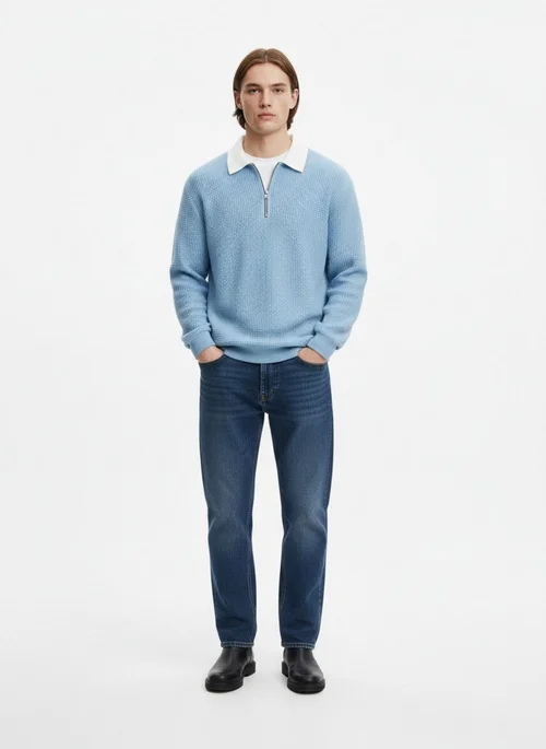 Men's Waffle Knit Long Sleeve Polo Shirt - Casual Autumn Zipper Pullover NDF-00012