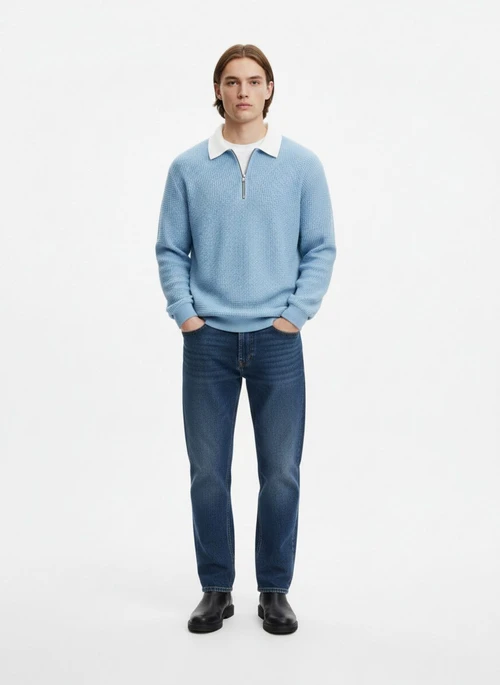 Men's Waffle Knit Long Sleeve Polo Shirt - Casual Autumn Zipper Pullover NDF-00012