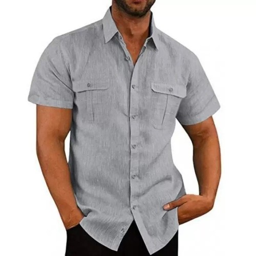 Camisa de lino de manga corta, informal, de verano, con botones, para hombre NDF-00037