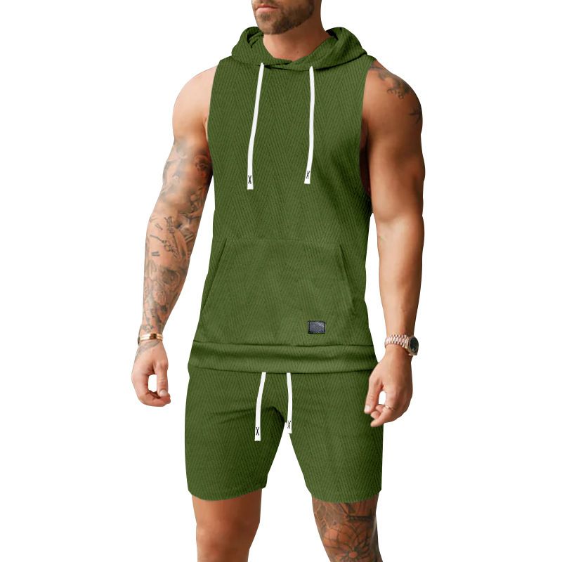 Completo da uomo composto da canotta con cappuccio senza maniche e pantaloncini in maglia NDF-00038