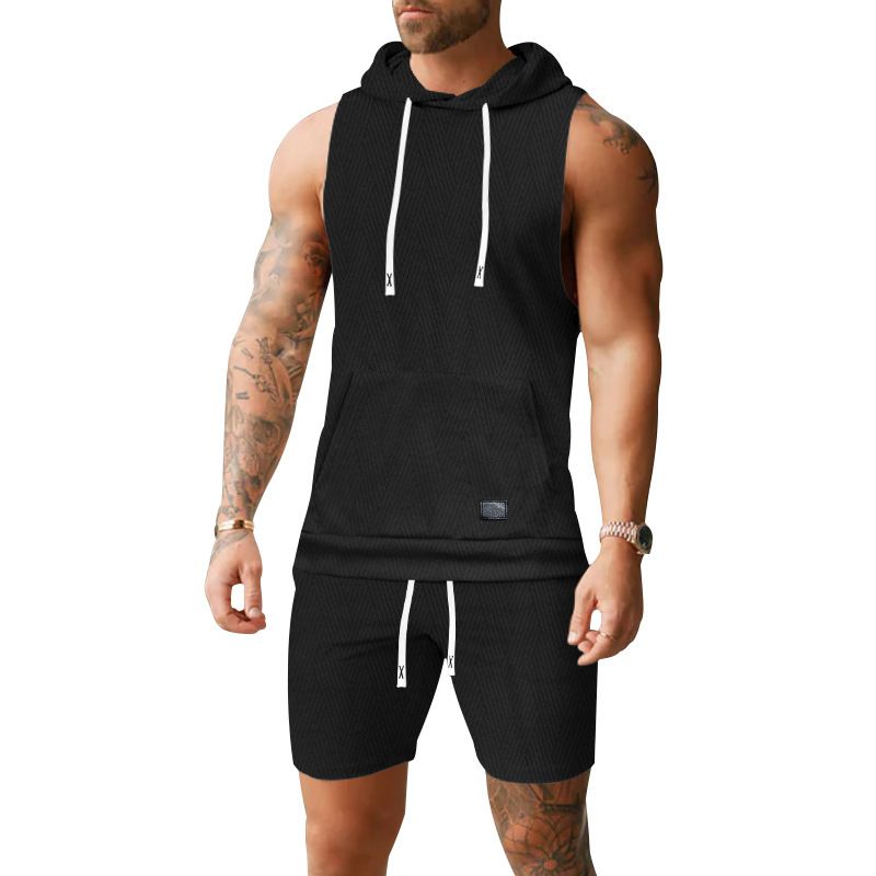 Completo da uomo composto da canotta con cappuccio senza maniche e pantaloncini in maglia NDF-00038