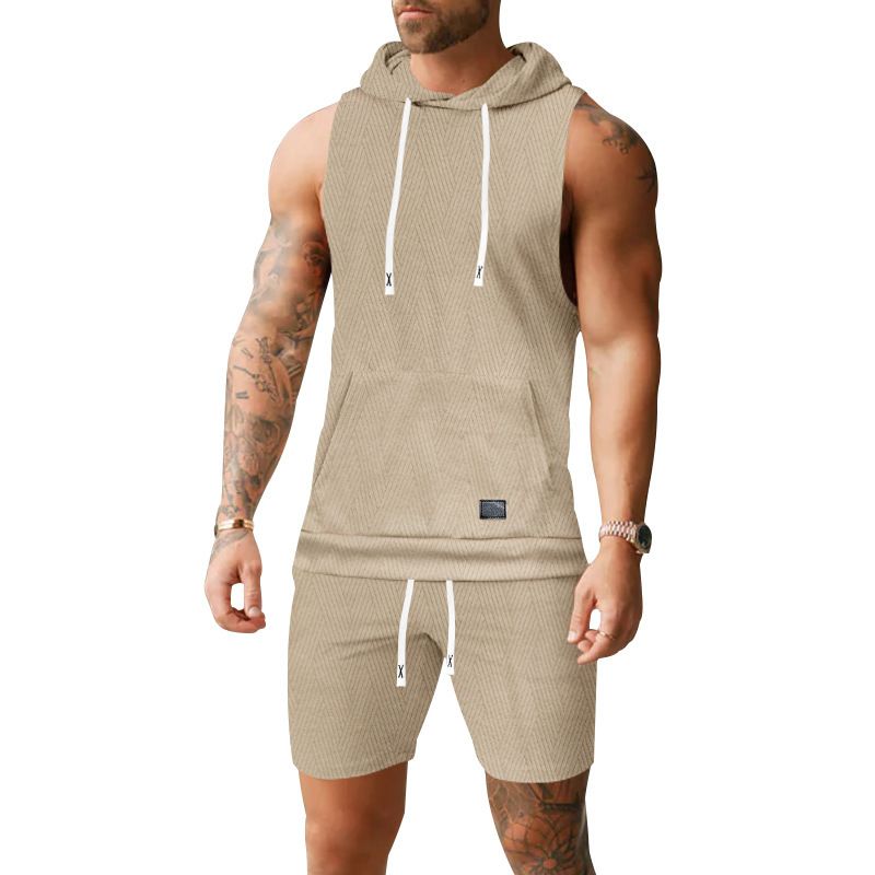 Completo da uomo composto da canotta con cappuccio senza maniche e pantaloncini in maglia NDF-00038
