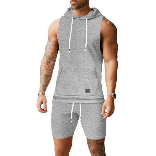 Ensemble débardeur à capuche sans manches et short pour homme NDF-00038
