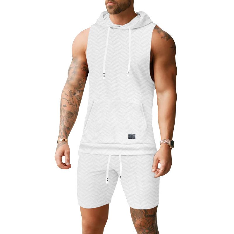 Completo da uomo composto da canotta con cappuccio senza maniche e pantaloncini in maglia NDF-00038