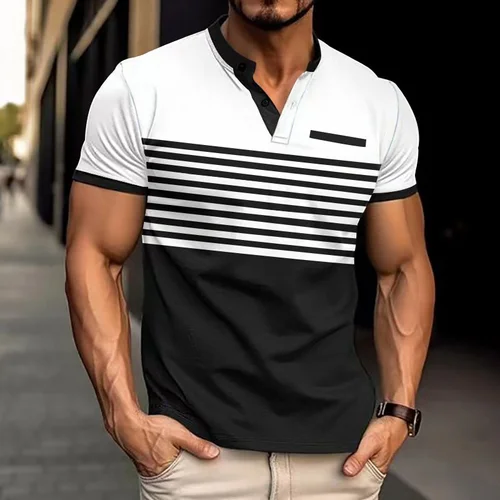 Polo casual da uomo con scollo a V, righe e blocchi di colore NDF-00014